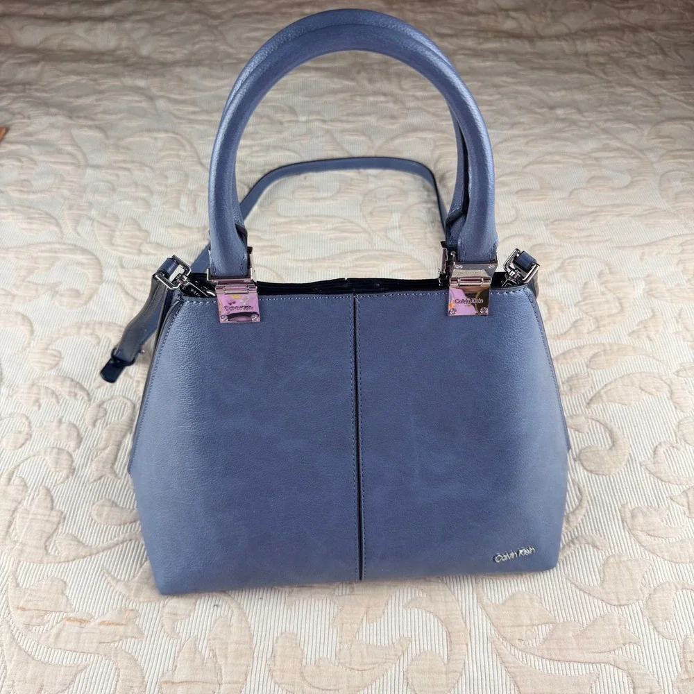 Calvin Klein Slate Blue Geometric Satchel Crossbody Bag Silver Hardware